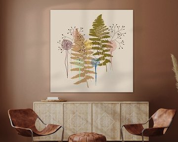 Scandinavisch retro botanisch. Varensbladeren en bloemen in camogroen en zand