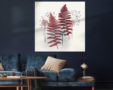 Nordic retro botanical. Fern leaves and flowers in burgundy red by Dina Dankers