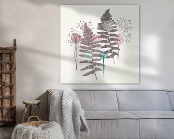 Nordic retro botanical. Fern leaves and flowers in taupe by Dina Dankers