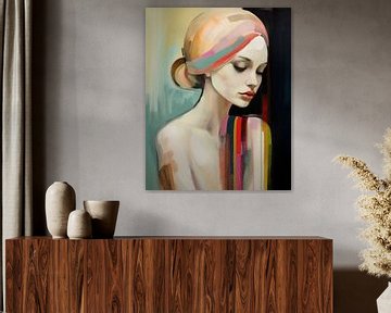 Kleurrijk portret van een jonge vrouw in pastelkleuren van Carla Van Iersel