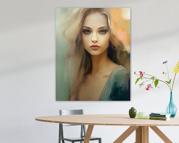 Portret van een jonge blonde vrouw in pastelkleuren van Studio Allee