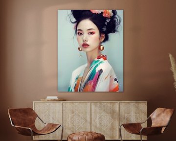 Portrait coloré en gros plan d'une jeune femme asiatique sur Carla Van Iersel