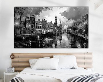 Peinture d'Amsterdam en noir et blanc sur Preet Lambon