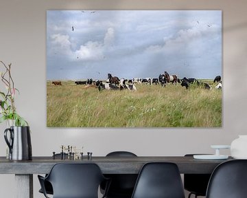 Koeien en paarden en vogels op de Boschplaat Terschelling natuurgebied van Yvonne van Driel