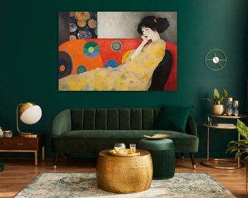 Farbenfrohes Porträt im Stil von Gustav Klimt und Hilma af Klint von Carla Van Iersel