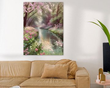 Fluss durch ein Meer von Blumen im Wald von TrishaVDesigns