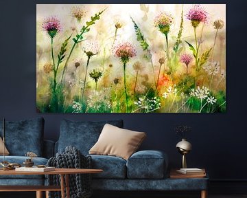 Zomers en natuurlijk schilderij: veldbloemen en klaver in het gras van Studio Pieternel