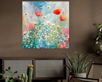 Aquarel schilderij van klaprozen en gipskruid in de border