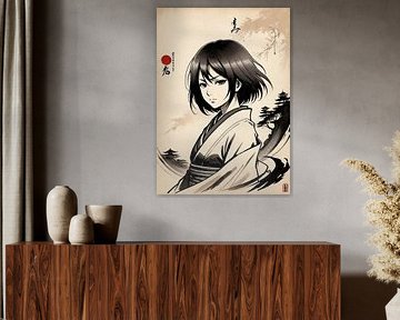 Silhouette Painting of Mikasa with a traditional Japanese background by Muhammad Yunus