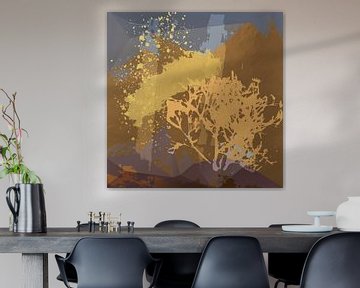 Modern abstract botanical. Plants  and shapes in  gold, ocher, purple and blue by Dina Dankers