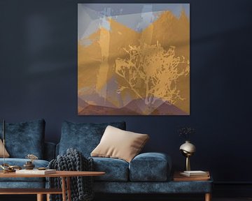 Modern abstract botanical. Plants  and shapes in  ocher, gold, purple, grey blue by Dina Dankers
