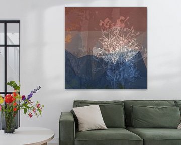 Modern abstract botanisch. Planten en vormen in blauw, taupe, bruin, goud van Dina Dankers