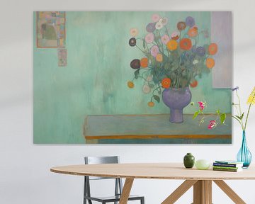 Still life of a vase with flowers in mainly shades of green by Studio Allee