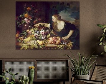 Frau nimmt Früchte aus einer Schale mit Blumen und Früchten, Abraham Brueghel