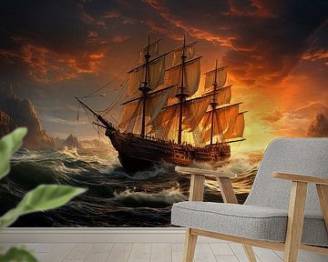 Zeilschip tijdens stormachtige zonsondergang van Preet Lambon