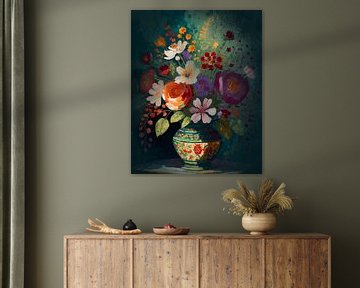 Arrangement de fleurs dans des couleurs chaudes avec de l'or 1 sur Pieternel Fotografie en Digitale kunst