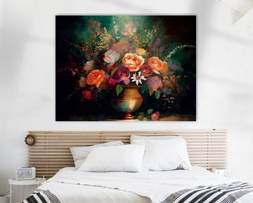 Stilleven schilderij. Bloemstuk in warme kleuren met goud van Studio Pieternel