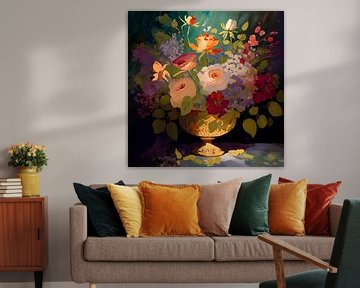 Arrangement de fleurs dans des couleurs chaudes avec de l'or 4 sur Pieternel Decoratieve Kunst