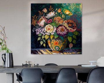 Blumenarrangement in warmen Farben mit Gold 6 von Pieternel Fotografie en Digitale kunst