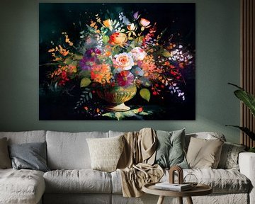 Imposant Stilleven schilderij. Bloemstuk in goudkleurige vaas van Studio Pieternel