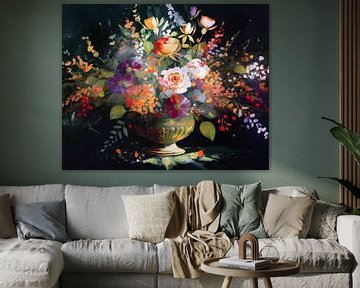 Arrangement de fleurs dans des couleurs chaudes avec de l'or 2 sur Pieternel Decoratieve Kunst