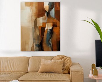 Modern abstract portret in aardetinten met een blauw accent van Carla Van Iersel