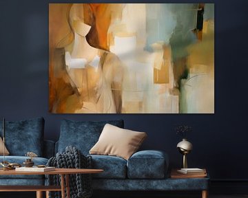 Modern abstract portrait in earth tones with a blue accent. by Carla Van Iersel