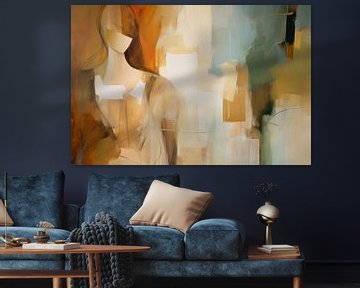 Modern abstract portret in aardetinten met een blauw accent. van Carla Van Iersel