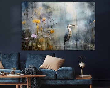 Modern landschap in pastelkleuren met reiger van Studio Allee