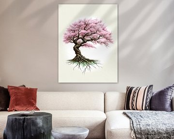 Een levensboom met roze bloesem van Bianca Wisseloo