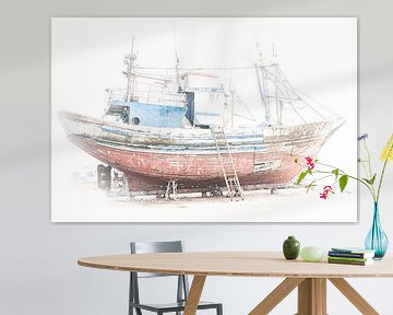 Old fishing boat in highkey by Guido Rooseleer