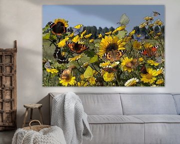 illustratie van gele bloemen en vlinders van W J Kok