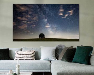 Milky way over the Muglhof chapel in Bavaria with light clouds