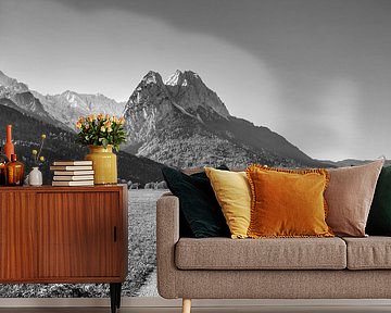 Landschaft in den Bergen bei Garmisch Partenkirchen in schwarzweiß