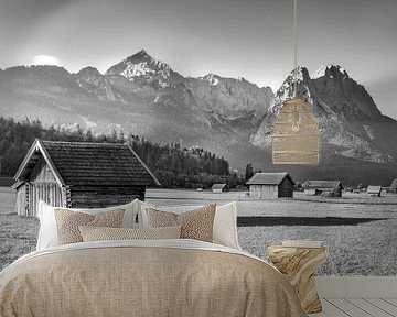 Almwiesen und Hüttenbei Garmisch Partenkirchen in schwarzweiß