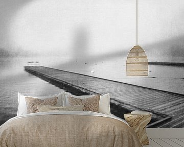 Schwarz-Weiß-Foto mit einem Schwan im Wasser von Imaginative