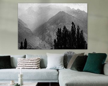 Arbres dans les montagnes brumeuses en noir et blanc sur Imaginative
