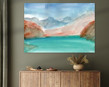 Modern abstract watercolor landscape. Turquoise, terra, blue. by Dina Dankers