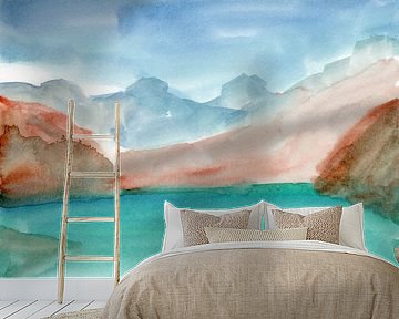 Modern abstract watercolor landscape. Turquoise, terra, blue.