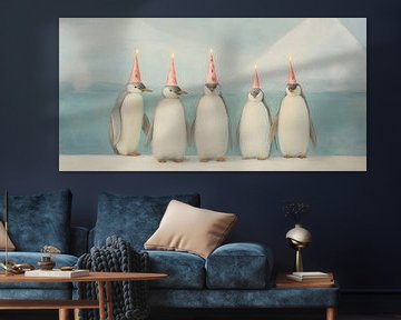 Penguins wearing party hats by Whale & Sons