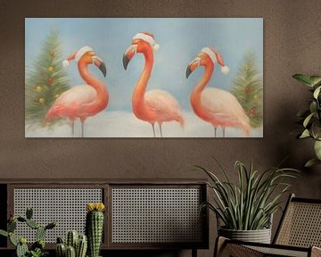 Drei Flamingos mit Weihnachtsmannmützen von Whale & Sons