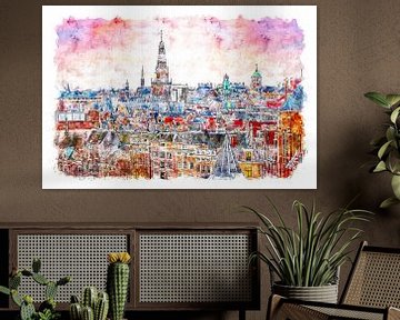 Amsterdam bij avondrood (aquarel) van Art by Jeronimo