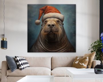 Walrus with Santa hat on by Whale & Sons