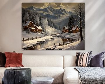 winters berg dorpje aan rivier van TrishaVDesigns