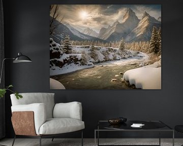 paysage de rivière en hiver dans les montagnes sur TrishaVDesigns