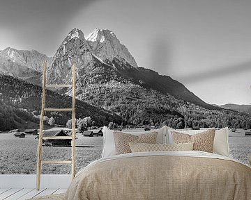 Bergpanorama mit Wiesen mit Hütten bei Garmisch Partenkirchen in schwarzweiß