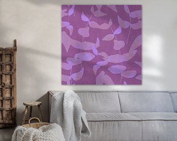 Modern botanical. Leaves in purple and neon dark pink by Dina Dankers