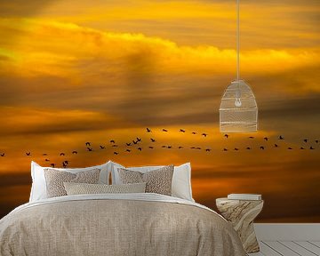 Kraanvogels vliegen in een zonsondergang tijdens de herfst