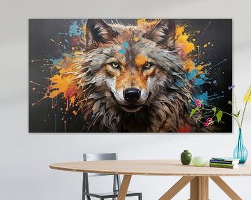 Schilderij van een wolvengezicht met kleurrijke verfspatten van Animaflora PicsStock