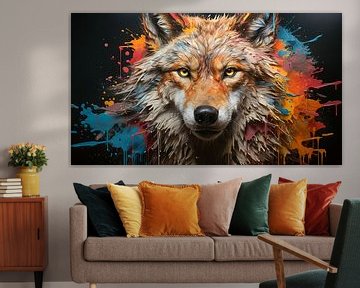 Painting of a wolf's face with colourful splashes of paint by Animaflora PicsStock